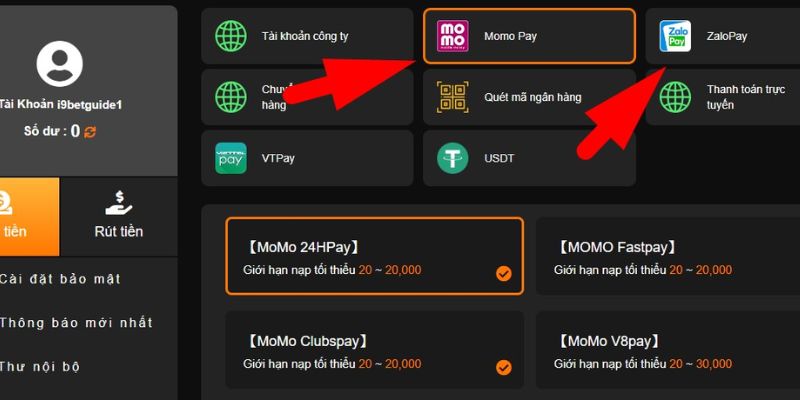 Nạp tiền i9bet qua ví điện tử